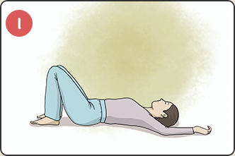 ① 자리에 편안하게 누워서 두 무릎을 세워줍니다. 두 팔은 양 옆으로 벌리고 더 가능하면 팔꿈치를 접어서 팔을 ㄷ자 모양으로 만듭니다.