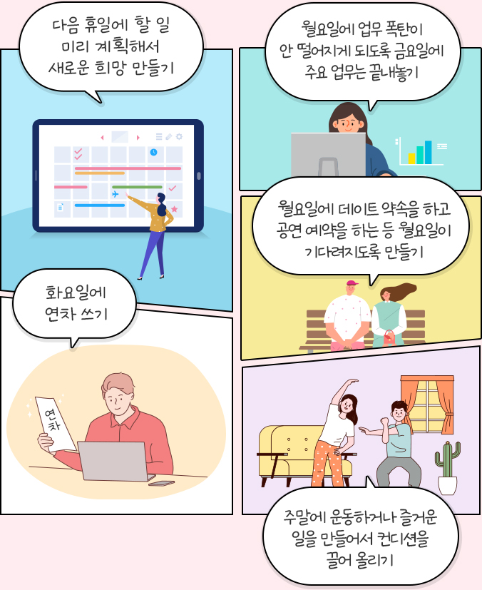 다음 휴일에 할 일 미리 계획해서 새로운 희망 만들기, 화요일에 연차 쓰기, 월요일에 업무 폭탄이 안 떨어지게 되도록 금요일에 주요 업무는 끝내놓기, 월요일에 데이트 약속을 하고 공연 예약을 하는 등 월요일이 기다려지도록 만들기, 주말에 운동하거나 즐거운 일을 만들어서 컨디션을 끌어 올리기