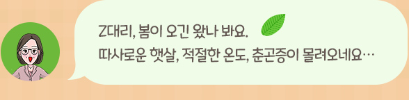 Z대리, 봄이 오긴 왔나 봐요. 따사로운 햇살, 적절한 온도, 충곤증이 몰려오네요…