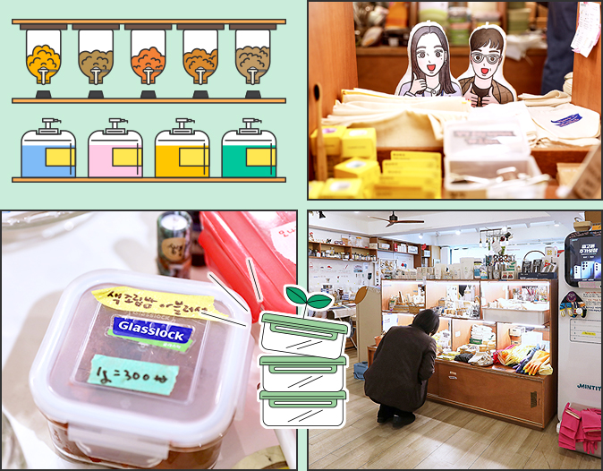 소창 화장솜, 실리콘 찜기, 재생 용지, 크레용 등 갖가지 제로웨이스트 상품