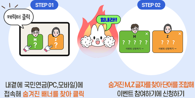 step01.내곁에 국민연금(PC,모바일)에 접속해 숨겨진 배너를 찾아 클릭,step02. 숨겨진 M, Z 글자를 찾아 단어를 조합해 이벤트 참여하기에 신청하기