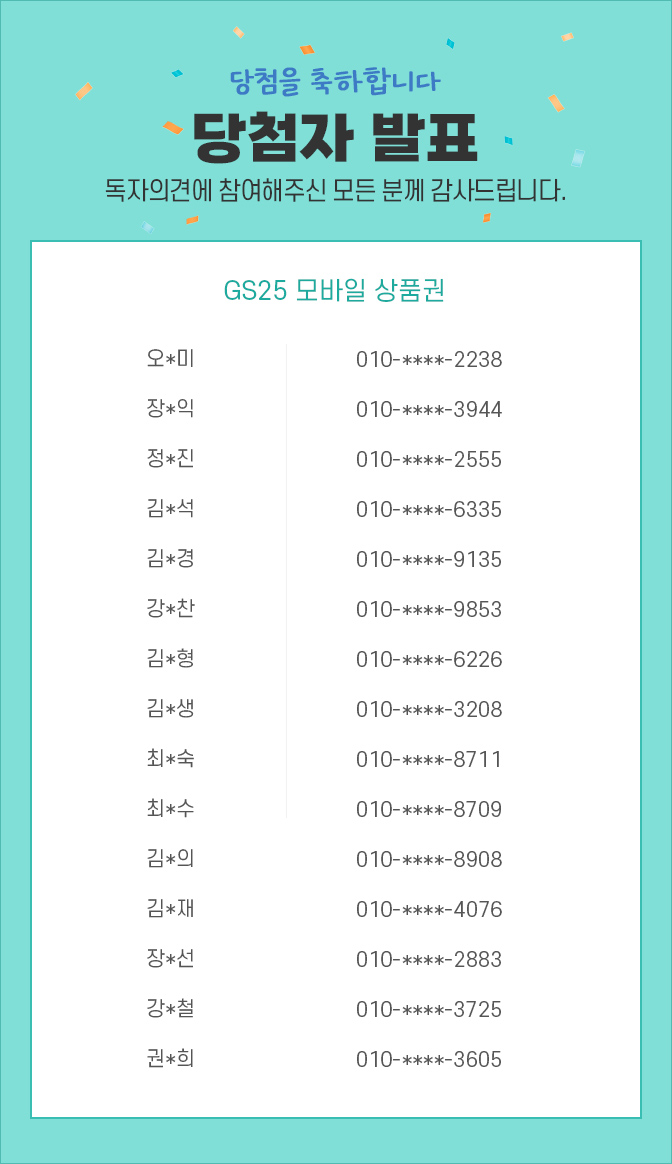 당첨자 발표 / 독자의견에 참여해주신 모든 분께 감사드립니다. 오*미 010-****-2238 / 장*익 010-****-3944 / 정*진 010-****-2555 / 김*석 010-****-6335 / 김*경 010-****-9135 / 강*찬 010-****-9853 / 
김*형 010-****-6226 / 김*생 010-****-3208 / 최*숙 010-****-8711 / 최*수 010-****-8709 / 김*의 010-****-8908 / 김*재 010-****-4076 / 
장*선 010-****-2883 / 강*철 010-****-3725 / 권*희 010-****-3605