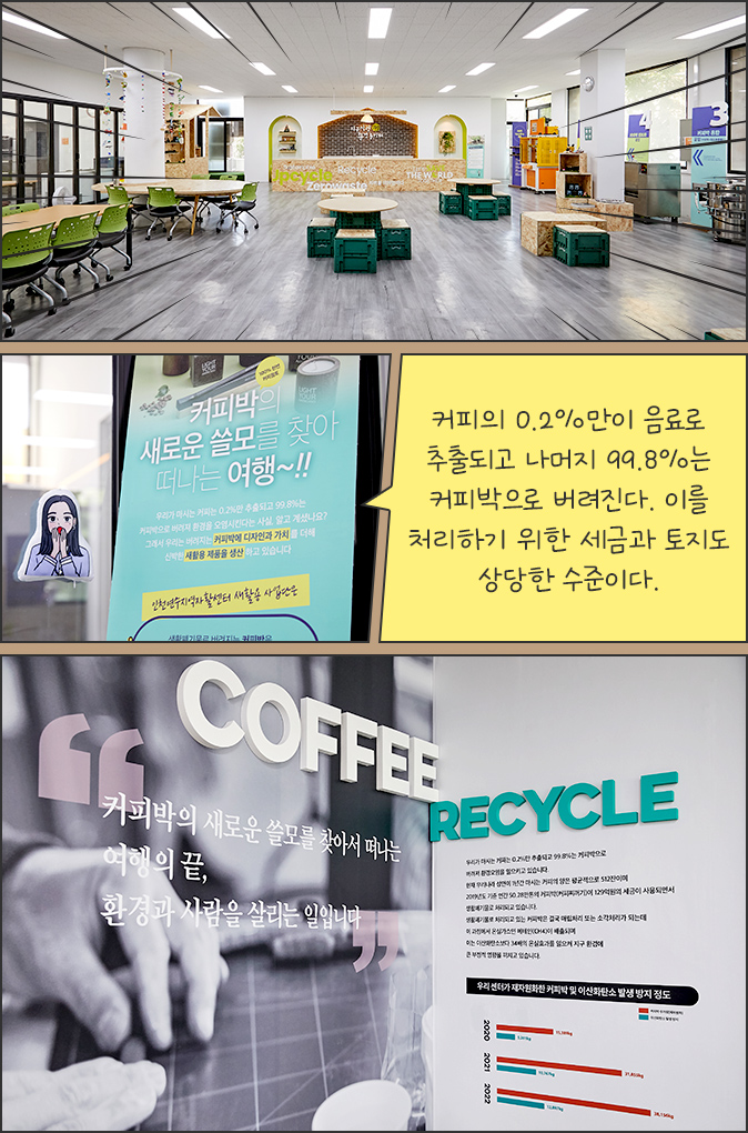 커피박 제품 생산과 관련 환경 교육과	체험이 가능한 넓은 공간 - 커피의 0.2%만이 음료로 추출되고 나머지 99.8%는 커피박으로 버려진다. 이를 처리하기 위한 세금과 토지도 상당한 수준이다.